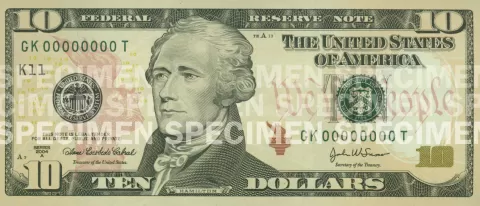 front of $10 note